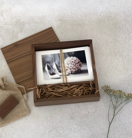 Wooden Photo Box with USB Slot + Engraved Lid